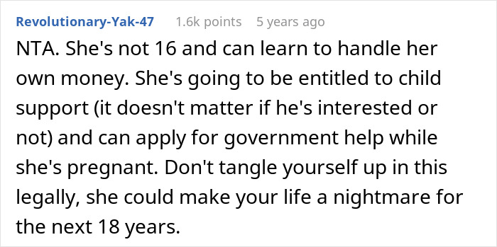 ALT text: Screenshot of a Reddit comment discussing a woman's financial struggles and child support related to her miracle baby.