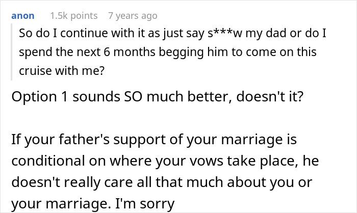Screenshot of an online comment discussing a bride&rsquo;s father refusing to attend wedding not held on American soil.