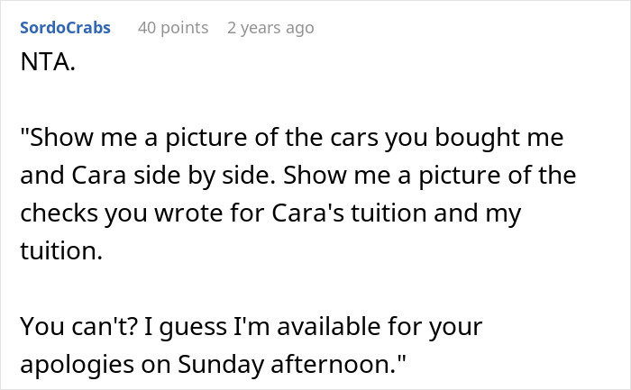 Text excerpt discussing a golden child’s reality check after sister’s college acceptance and tuition comparisons. Text excerpt discussing a golden child’s reality check after sister’s college acceptance and tuition comparisons.