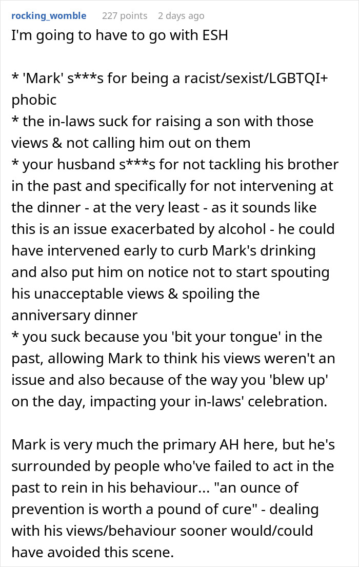 Reddit comment discussing racist slurs by brother-in-law and family dynamics during a tense dinner argument. Reddit comment discussing racist slurs by brother-in-law and family dynamics during a tense dinner argument.