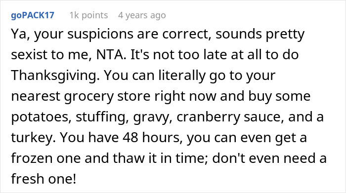 Screenshot of a forum comment discussing woman upset as husband assumed she planned Thanksgiving without doing so. Screenshot of a forum comment discussing woman upset as husband assumed she planned Thanksgiving without doing so.