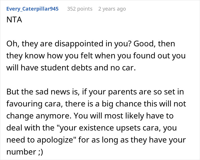 Text post discussing feelings of disappointment and parental favoritism involving college acceptance and student debts. Text post discussing feelings of disappointment and parental favoritism involving college acceptance and student debts.