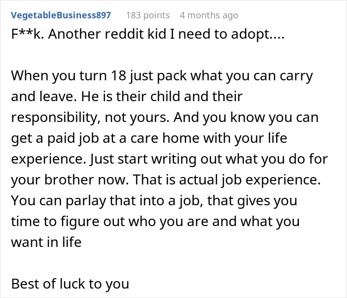 Reddit user discussing caring for disabled son and parents admitting to having another baby for support and care. Reddit user discussing caring for disabled son and parents admitting to having another baby for support and care.