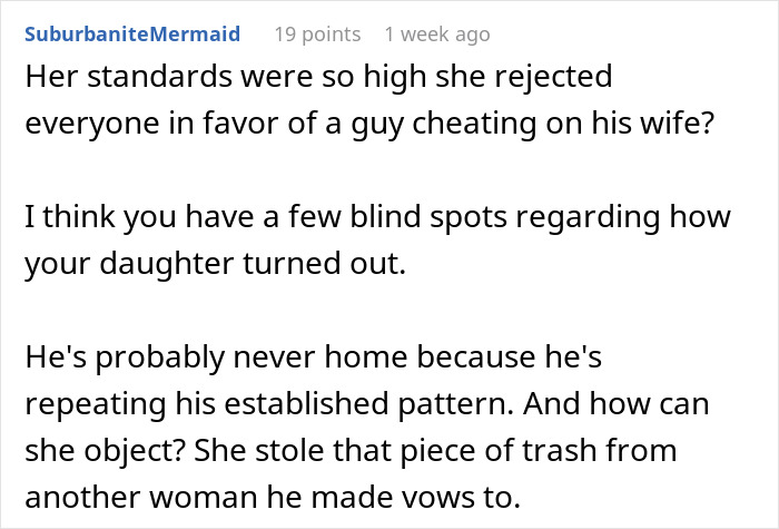 Comment discussing a mistress turned wife upset over absentee husband wanting a third child, with her mom concerned.