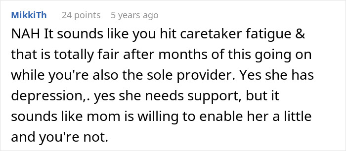 Comment discussing caretaker fatigue and depression, sharing opinions on support and enabling behavior in a relationship context. Comment discussing caretaker fatigue and depression, sharing opinions on support and enabling behavior in a relationship context.