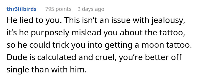 Text post discussing a woman-couple tattoo situation with a boyfriend and ex, focusing on dishonesty and relationships. Text post discussing a woman-couple tattoo situation with a boyfriend and ex, focusing on dishonesty and relationships.