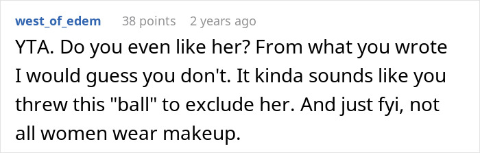 Screenshot of a Reddit comment debating excluding a friend from an extravagant ball over concerns about aesthetic impact.