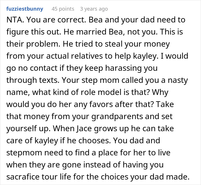 Reddit comment discussing a 19-year-old refusing caregiver role for disabled stepsister and family conflict over it. Reddit comment discussing a 19-year-old refusing caregiver role for disabled stepsister and family conflict over it.