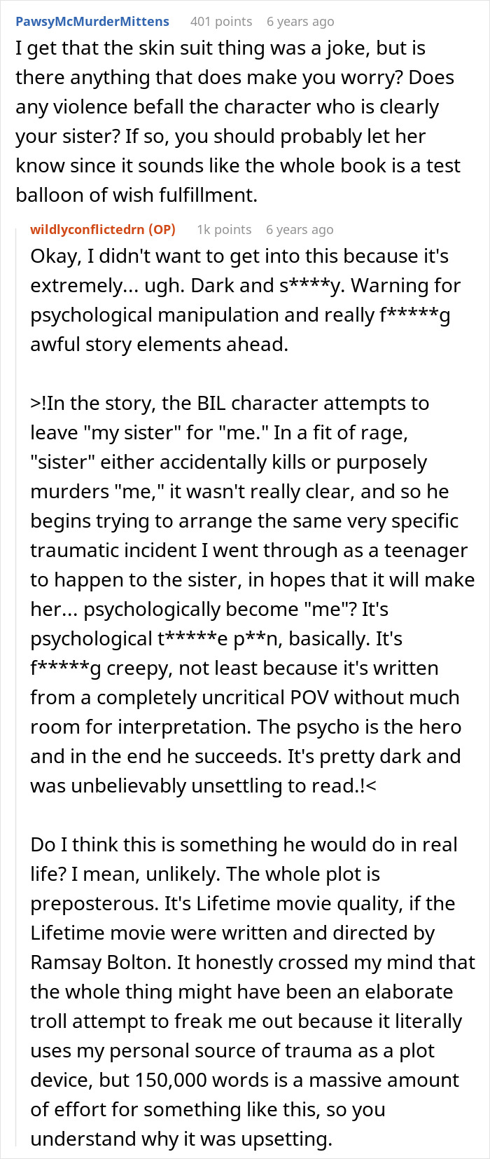 Reddit conversation about a guy who thinks he married the wrong sister and writes a dark, unsettling book.