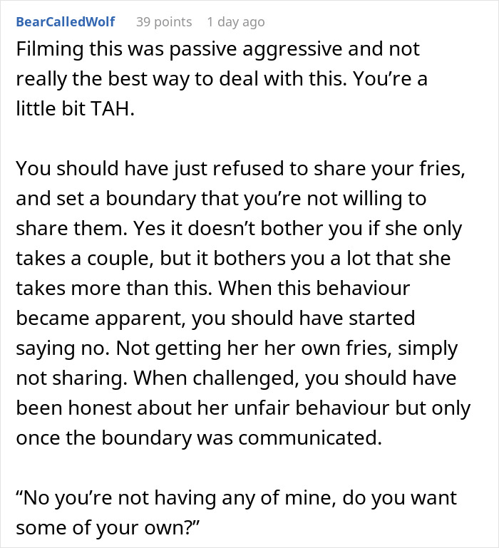 Comment about man filming wife secretly to prove she eats fries, sparking family drama over food boundaries. Comment about man filming wife secretly to prove she eats fries, sparking family drama over food boundaries.