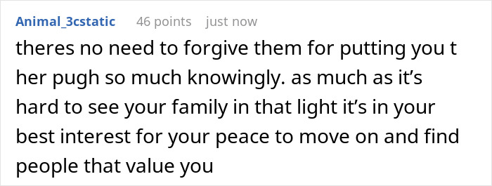 Screenshot of a text comment about dealing with anger and moving on after being abandoned by parents at boarding school.