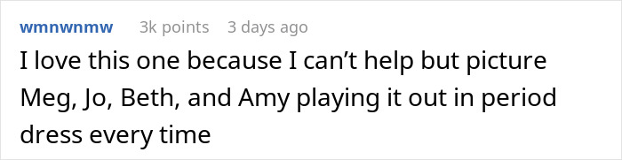 Screenshot of a social media comment imagining Meg, Jo, Beth, and Amy playing out a scene about sister revealed dead brother lie.