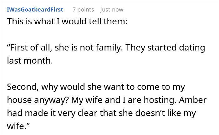 Screenshot of a Reddit comment where user explains why bro's girlfriend is not family and conflicts with his wife at Thanksgiving.
