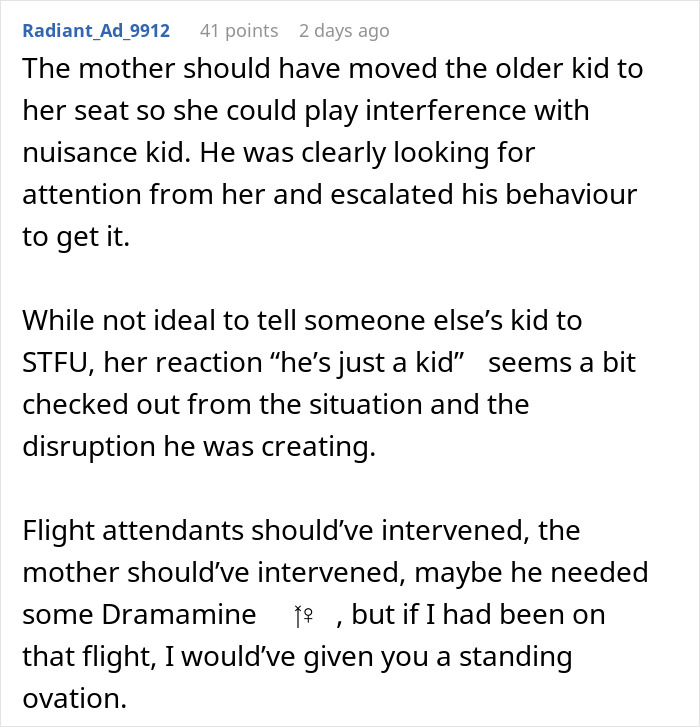 Reddit comment discussing disruptive kid on a plane and mom’s reaction while suggesting intervention options. Reddit comment discussing disruptive kid on a plane and mom’s reaction while suggesting intervention options.