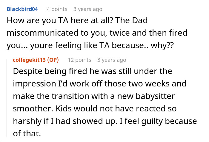 Reddit comments discussing rude, rich folks firing babysitter with false accusations and blaming her after missing business trip.