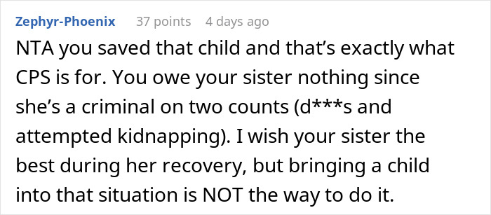 Screenshot of an online comment discussing reporting sister to CPS over plan to illegally adopt a baby.