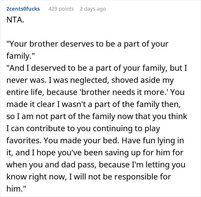 Text excerpt showing sibling of autistic and epileptic brothers expressing years of neglect and parents demanding part of her salary.