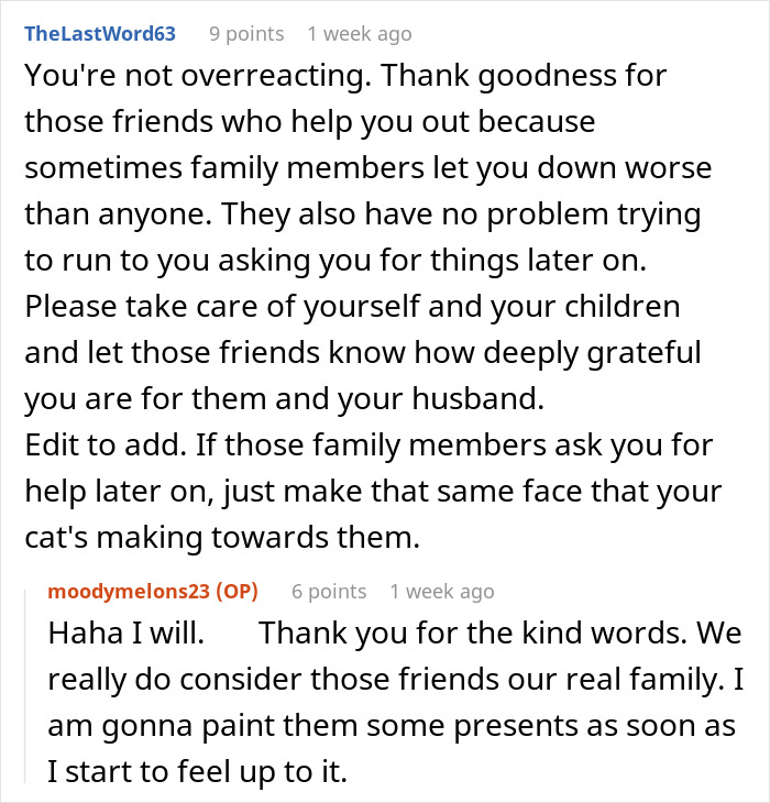 Reddit discussion showing supportive comments for a woman struggling with no support after surgery while caring for two kids. Reddit discussion showing supportive comments for a woman struggling with no support after surgery while caring for two kids.