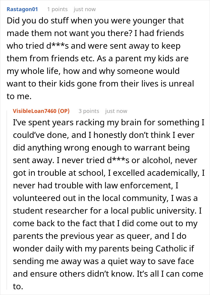 Teen still angry at parents years later after being dumped at boarding school, sharing emotional struggles and reflections.