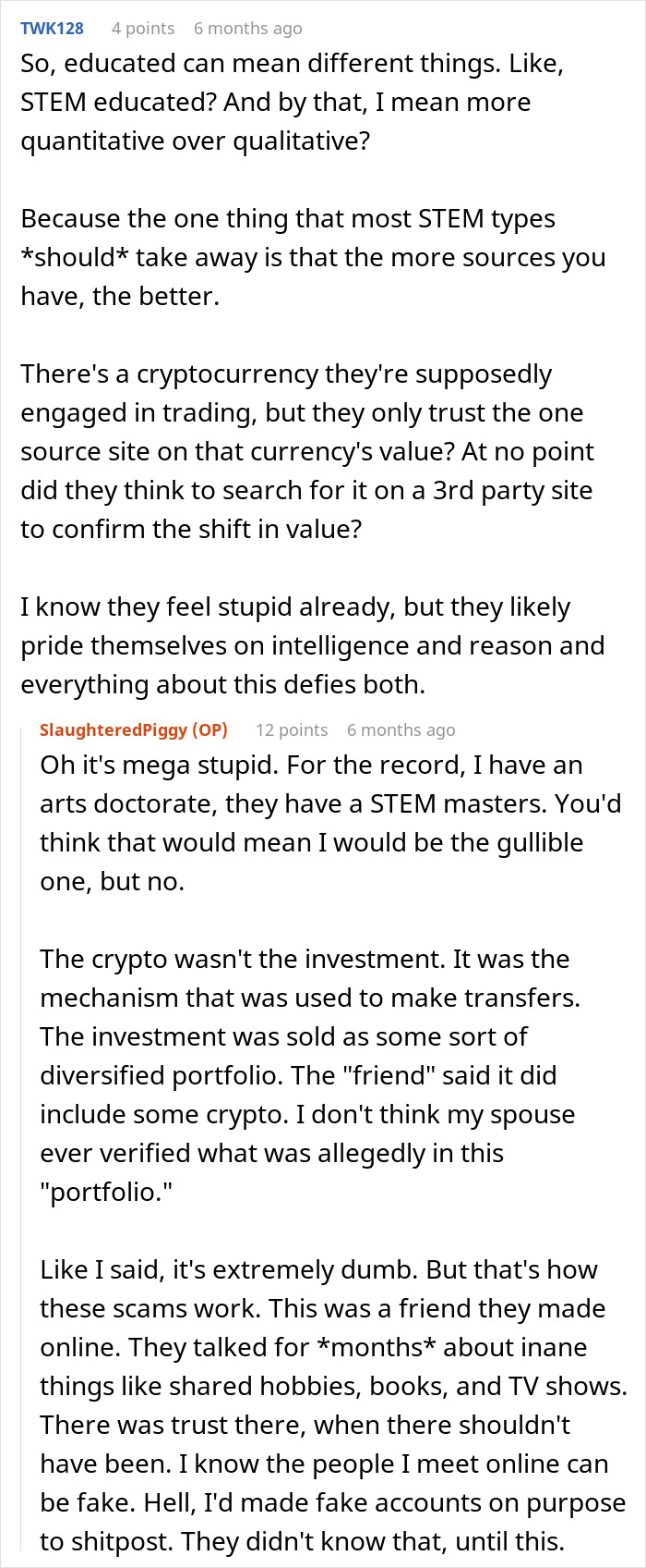 Screenshot of a Reddit discussion about an educated person falling for a scam investment leading to debt and no savings.