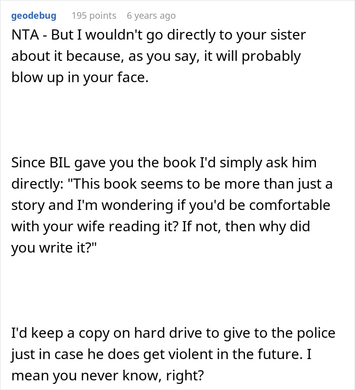 Text conversation showing advice about confronting a brother-in-law who wrote a controversial book about marriage and sister-in-law reaction.