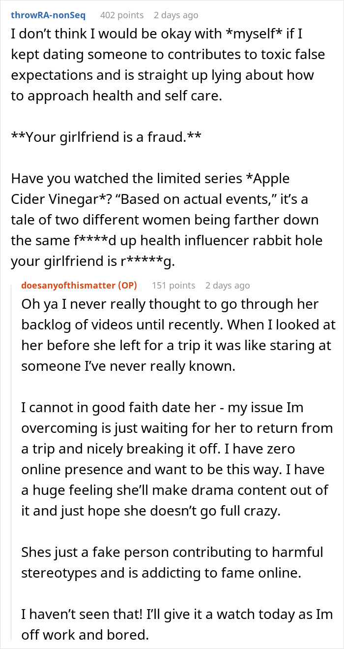 Reddit conversation discussing a gym influencer lying online and causing relationship issues with her boyfriend. Reddit conversation discussing a gym influencer lying online and causing relationship issues with her boyfriend.
