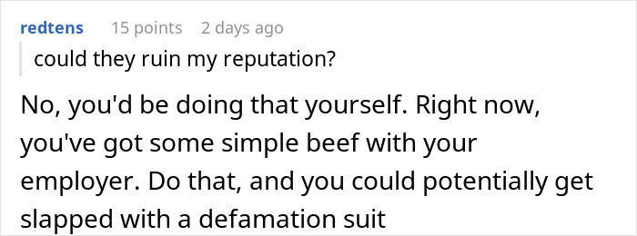 Text conversation about employee concerns on exposing management and HR risking defamation and complicating work life.