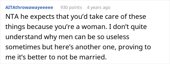 Comment expressing frustration about husband assuming woman planned Thanksgiving due to gender expectations in marriage discussions. Comment expressing frustration about husband assuming woman planned Thanksgiving due to gender expectations in marriage discussions.
