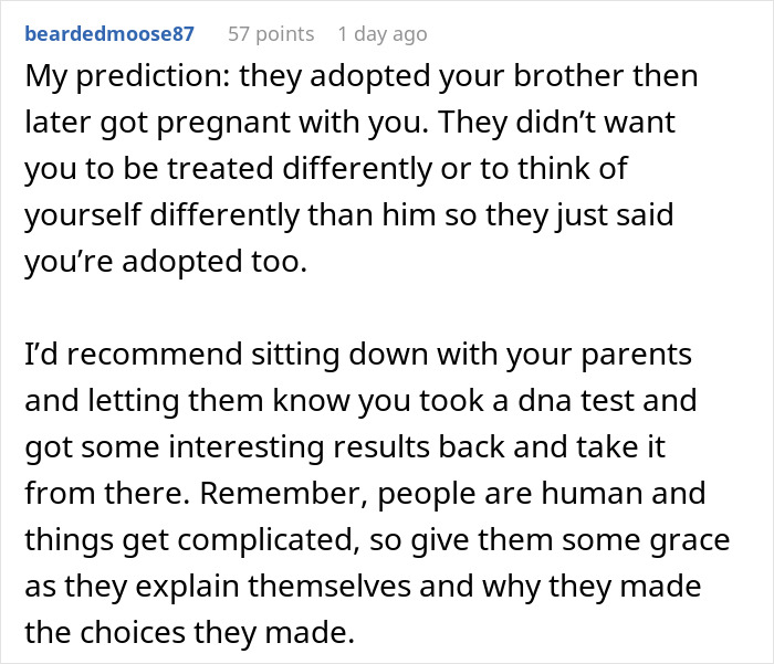 Reddit comment advising how to confront parents after a DNA test reveals surprising family information. Reddit comment advising how to confront parents after a DNA test reveals surprising family information.