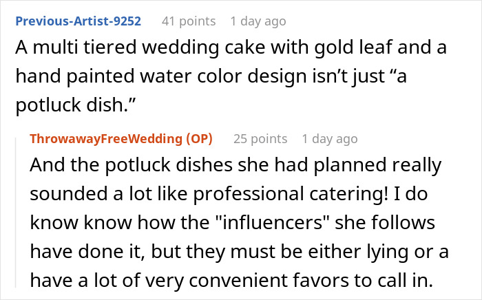 Screenshot of a Reddit discussion about a bride attempting an elaborate wedding without spending a cent and facing reality. Screenshot of a Reddit discussion about a bride attempting an elaborate wedding without spending a cent and facing reality.