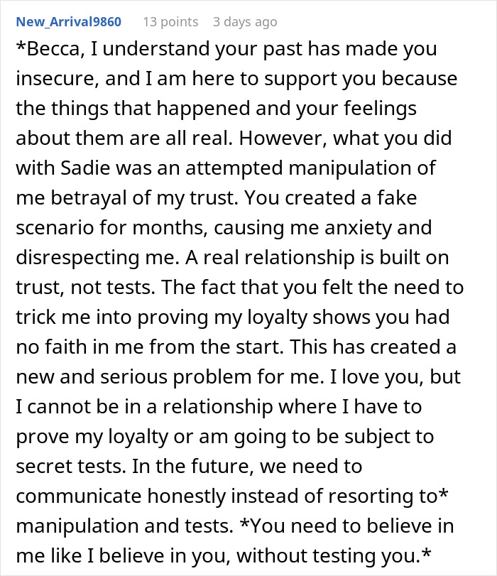 Man expresses frustration over girlfriend’s loyalty test, emphasizing trust and honesty in relationships over secret tests.