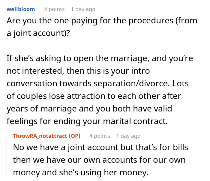 Comments discussing husband unattracted to wife after plastic surgery, addressing finances and marriage separation talks. Comments discussing husband unattracted to wife after plastic surgery, addressing finances and marriage separation talks.