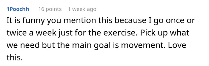 Screenshot of an online comment discussing exercise habits and the goal of movement for weight loss motivation. Screenshot of an online comment discussing exercise habits and the goal of movement for weight loss motivation.