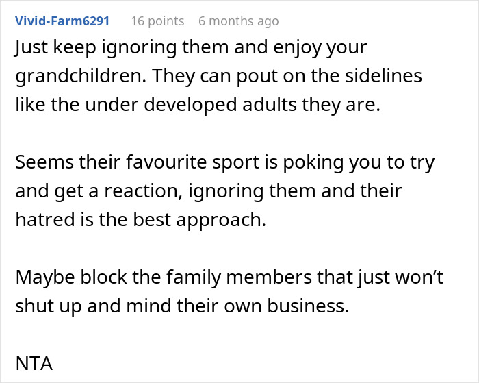 Comment advising to ignore stepdaughters' drama and focus on enjoying grandchildren while blocking toxic family members. Comment advising to ignore stepdaughters' drama and focus on enjoying grandchildren while blocking toxic family members.