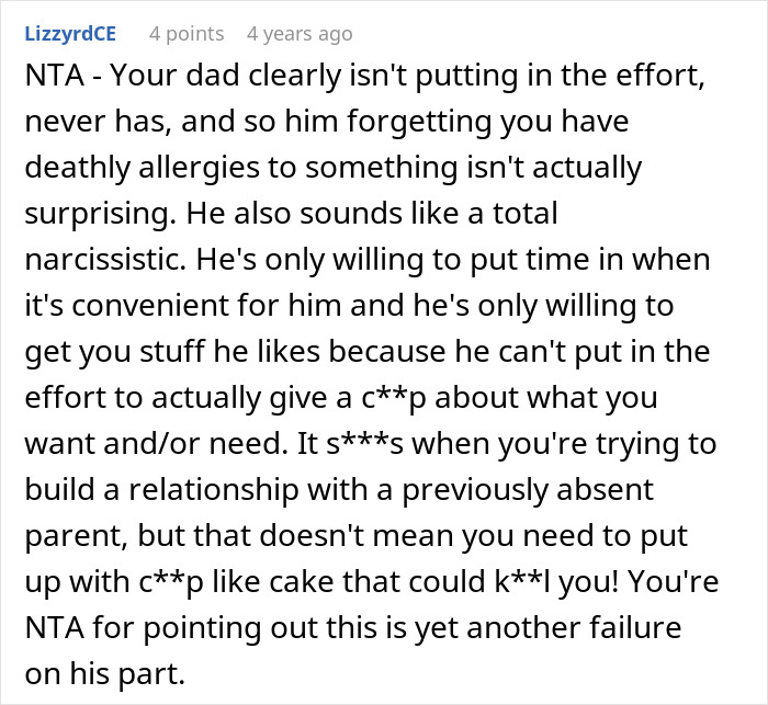 Comment discussing a teen telling dad would have remembered if cared after a dangerous cake fail due to allergies. Comment discussing a teen telling dad would have remembered if cared after a dangerous cake fail due to allergies.