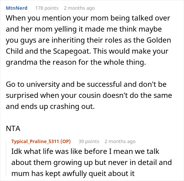 Reddit comment discussing golden child cousin dynamics and teen losing patience at family celebration conflict. Reddit comment discussing golden child cousin dynamics and teen losing patience at family celebration conflict.