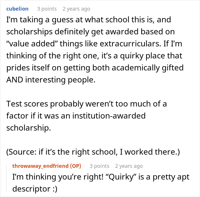 Commenters discussing scholarships and quirky schools that value academically gifted and interesting students over test scores. Commenters discussing scholarships and quirky schools that value academically gifted and interesting students over test scores.