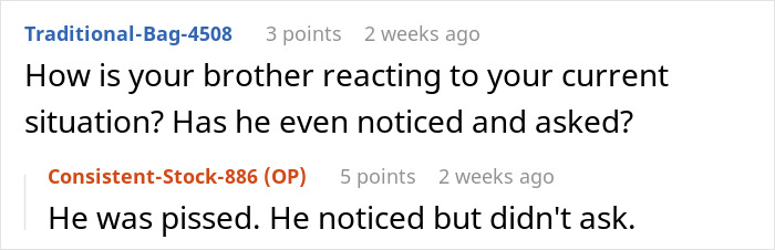Screenshot of an online discussion about a brother’s reaction and sister venting about a useless bro conflict. Screenshot of an online discussion about a brother’s reaction and sister venting about a useless bro conflict.