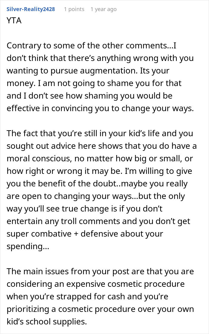 Commenter discussing single mom spending thousands on plastic surgery and facing harsh reality about support and priorities. Commenter discussing single mom spending thousands on plastic surgery and facing harsh reality about support and priorities.