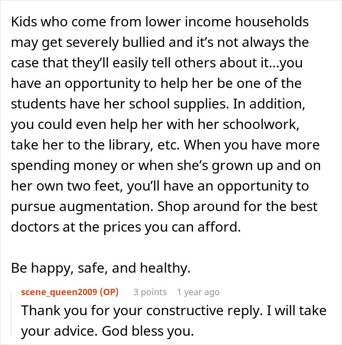 Screenshot of a forum post discussing support for a single mom after spending thousands on plastic surgery and facing reality. Screenshot of a forum post discussing support for a single mom after spending thousands on plastic surgery and facing reality.