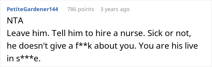 Alt text: Screenshot of a Reddit comment advising a wife to leave her husband who refuses to use diapers or catheter. Alt text: Screenshot of a Reddit comment advising a wife to leave her husband who refuses to use diapers or catheter.