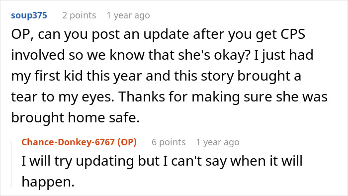 Reddit user asks for update after CPS involvement in case of parents abandoning 5YO daughter, neighbor calls CPS fast to help. Reddit user asks for update after CPS involvement in case of parents abandoning 5YO daughter, neighbor calls CPS fast to help.