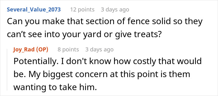Reddit conversation about elderly lady allegedly planning to steal neighbor’s doggo, owner expressing concern and shock.