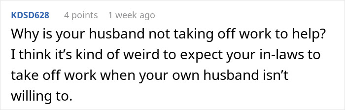 Comment expressing frustration about lack of support from husband and in-laws during woman's recovery with two kids. Comment expressing frustration about lack of support from husband and in-laws during woman's recovery with two kids.