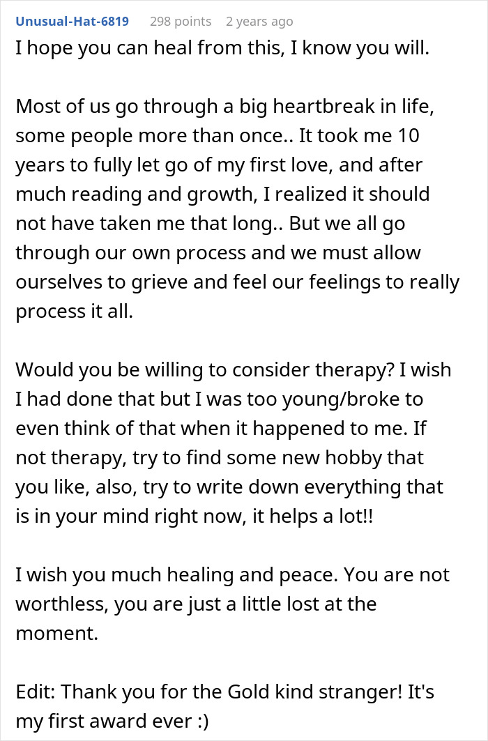Comment sharing advice on healing from heartbreak after man learns fiancée is in love with her friend and was a placeholder. Comment sharing advice on healing from heartbreak after man learns fiancée is in love with her friend and was a placeholder.