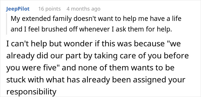 Screenshot of a user expressing frustration about family not helping care for their disabled sibling and feeling neglected. Screenshot of a user expressing frustration about family not helping care for their disabled sibling and feeling neglected.