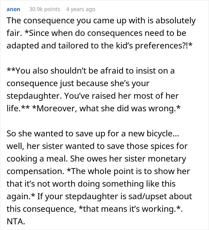 Commenter explaining consequences involving stepdaughter and sister spices drama, emphasizing fairness and responsibility. Commenter explaining consequences involving stepdaughter and sister spices drama, emphasizing fairness and responsibility.