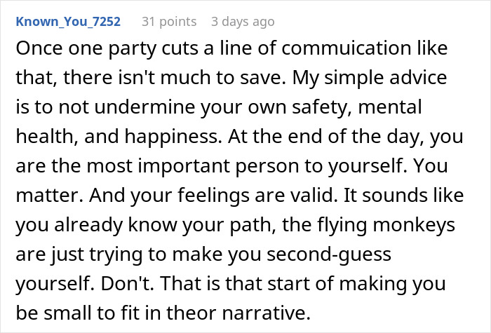 Screenshot of a Reddit comment advising to prioritize safety and mental health after a family sides with creepy brother-in-law. Screenshot of a Reddit comment advising to prioritize safety and mental health after a family sides with creepy brother-in-law.