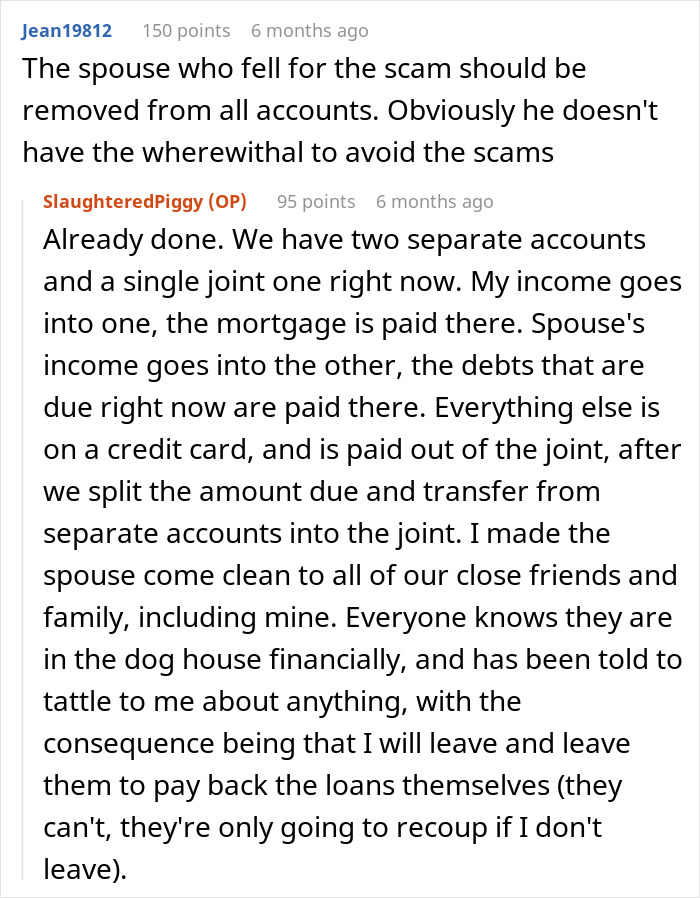 Reddit users discuss an educated person falling for a scam investment, causing zero savings and immense debt in a marriage.