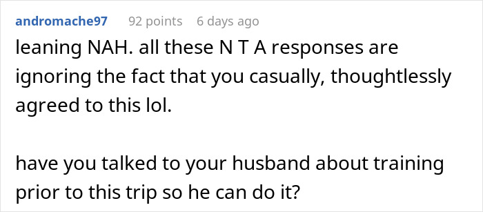 Screenshot of a Reddit comment discussing a man getting majorly hurt when his wife asks to cancel their anniversary trip. Screenshot of a Reddit comment discussing a man getting majorly hurt when his wife asks to cancel their anniversary trip.